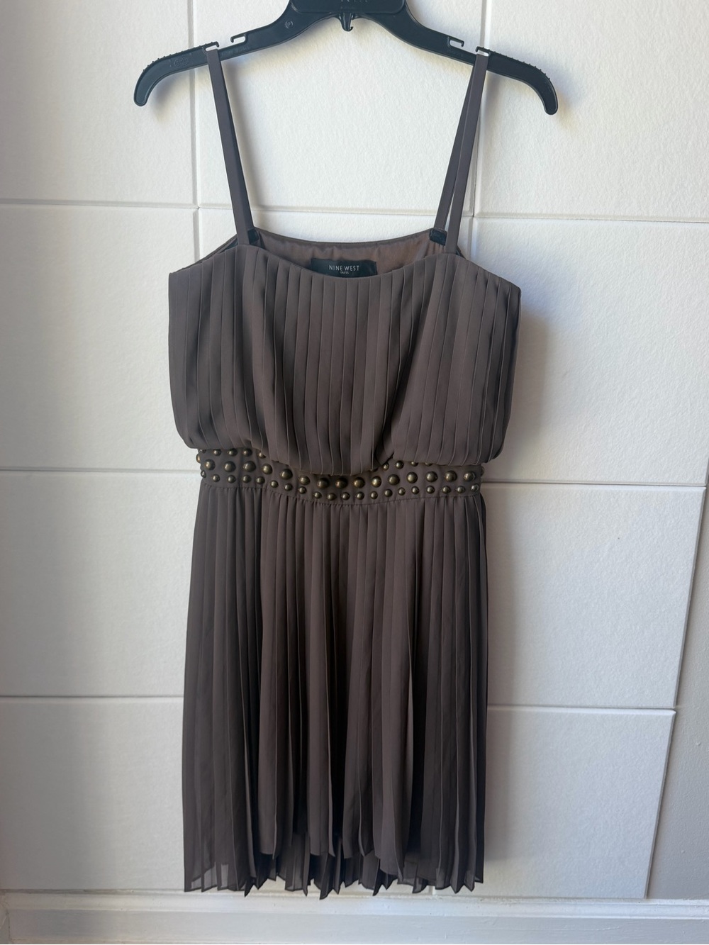 Nine West Brown Pleated Studded Waist Spaghetti Strap MIDI  Dress